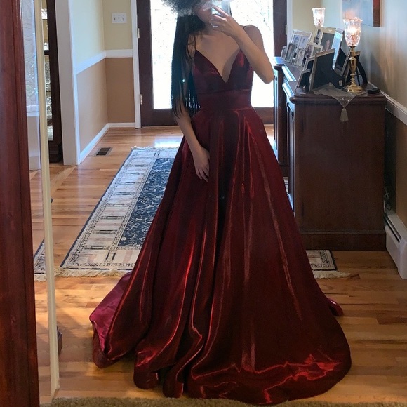 Sherri Hill satin dress V neck  spaghetti straps wine red sz 0 - Picture 6 of 13